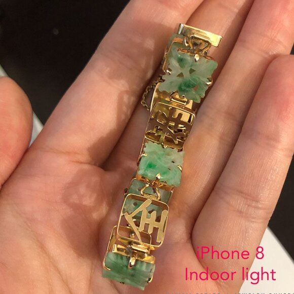 VINTAGE JADE CARVED GREEN CHINESE 14K YELLOW GOLD BRACELET - Picture 3 of 12